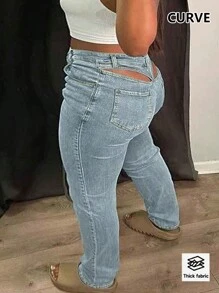 Plus Size Women's Stretch Slim Fit Casual Y2K Jeans - 淺色水洗藍 - 查看 2