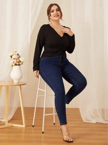 Camiseta de Talla Grande de Manga Larga de Talla Grande para Mujer Casual, Camisa de Talla Grande de Talla Grand de Punto para Dama con Cuello En V Y Cordón, Camisa Deportiva para Yoga Plisada, Camisa Top Informal Holgado - Negro - Ver 3