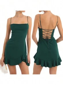 Vestido mini con volantes para mujer, de un solo color, con cuello cuadrado, sin mangas, con tirantes de espagueti, espalda cruzada y ajustado, para uso en clubes - Verde - Ver 2