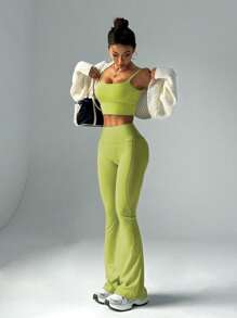 FWH Fashionable Casual Minimalist Lifting Peach Butt Elegant Street Vintage Slimming Low-Key Luxury Elongating Leg Lines Classic Simple High-End Slimming High-Waisted Versatile Flared Pants, New European Style Waist Cinching Fitness Wide Leg Yoga Leggings - Green - View 7