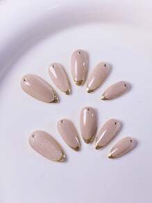 10pcs/Set Handmade Almond-Shaped Natural Amethyst Cat Eye Nail Stickers With White Rhinestones & Gold Tip Design, Elegant & Stylish Press-On Nails
