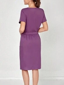 Women Solid Color Short Sleeve Simple Top And Skirt Scrub Uniform Set - Purple - View 4