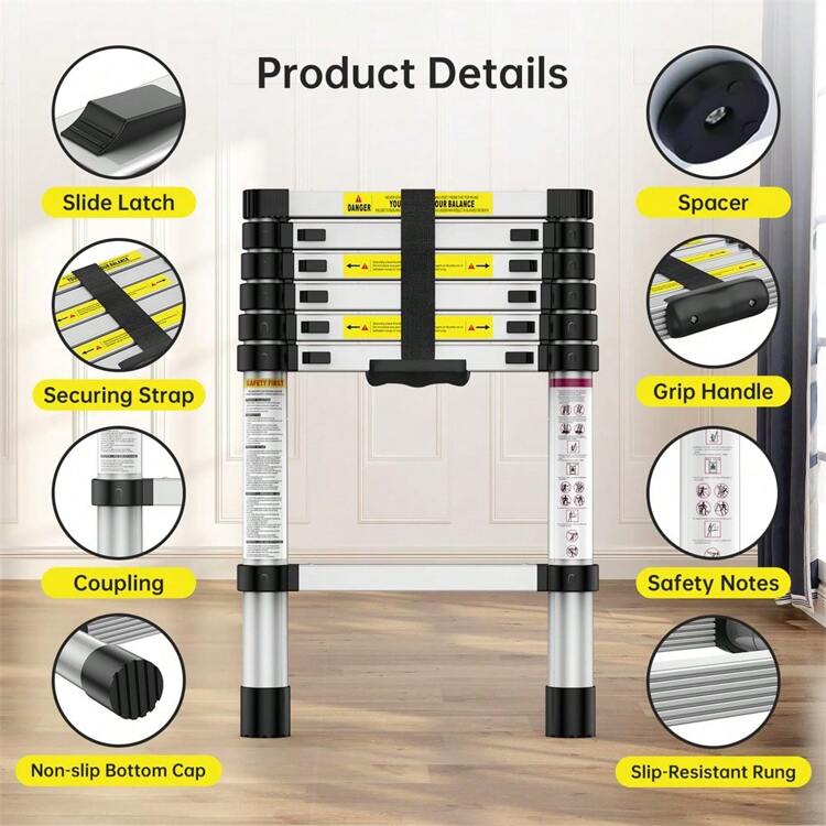 6.6 FT /12.5 Ft Telescoping Ladder, 330lbs Capacity Aluminum Extension Ladder With Locking Mechanism And Hook, Portable Folding Ladder, Multi-Purpose Collapsible Ladder For RV, Home, Office - 6,6ft - Xem 6