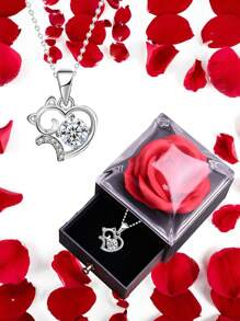 1set Red Rose Gift Box With 925 Sterling Silver Heart-Shaped Pendant Necklace, High-Quality Moissanite Jewelry, Romantic Jewelry Gift, Suitable For Christmas, Valentine's Day, Mother's Day, Perfect Gift For Female Friends, Lovers, Mothers, Wives, Girlfriends, Sisters, Daughters