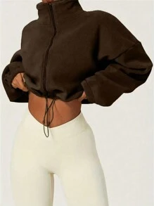 Women's Fleece Zip-Up Drawstring Waist Casual Sweatshirt, Elegant And Comfortable - Coffee Brown - View 4