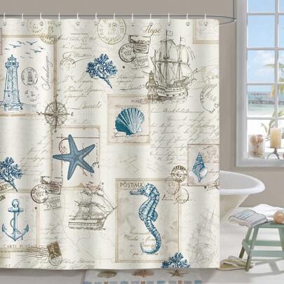 1pc Nautical Coastal Themed Shower Curtain, Featuring Vintage Sailboat, Compass, Lighthouse, Anchor, Ocean, Beach, Seahorse, Seashell, Starfish Patterns, Suitable For Bathroom Decor, Autumn Decor, Bathroom Accessories, Back To School Season And More