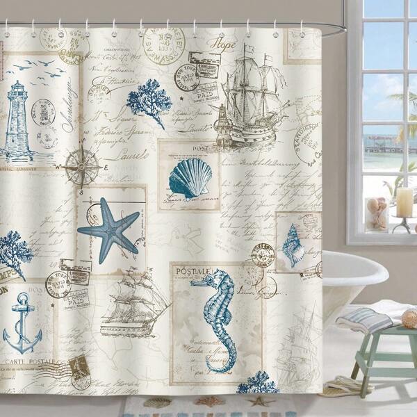 1pc Nautical Coastal Shower Curtain,Vintage Sailboat Compass Lighthouse Anchor Ocean Beach Seahorse Seashell Starfish Shower Curtains For Bathroom Decor Fall Decor Bathroom Accessories Back To School