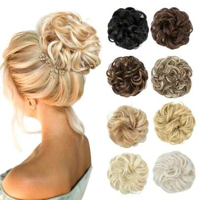 Messy Hair Bun Chignon Hair Pieces Wavy Curly Synthetic Updo Fake Scrunchies With Elastic Hair Band Ponytail Extension For Women Daily Life Party Hair Black Blonde Mixed Color