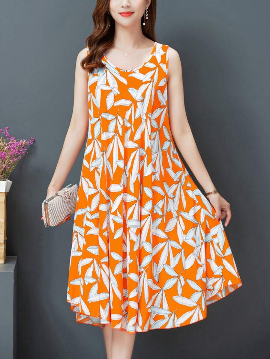 Women's Mid-Length Botanical Print Dress Summer Fashion Round Neck Sleeveless Vacation Style Big Swing Tank Dresses - trái cam - Xem 1