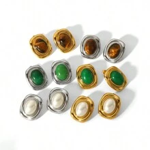 VKHK 1 Paar 18K vergoldete Edelstahl Ohrringe mit Natursteinen und Kunstperlen, geeignet für Damen Alltag und Hochzeit, Geschenk