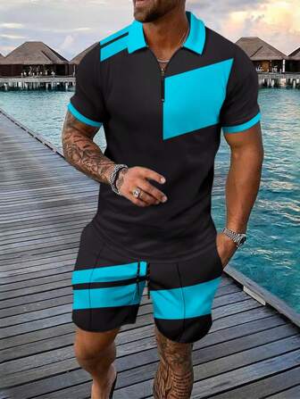 2 件男士春夏亮色服装，包括 3D 印花块拉链 POLO 衫 + 短裤，中性时尚休闲简约运动慢跑套装
