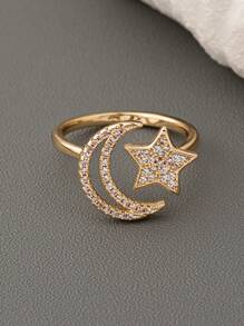 1 Pc Cooper Zirconia Moon Star Ring For Women Luxurious Pave Setting Crystal Ring Adjustable Size , Middle East Starlight Rings Jewelry - Multicolor - View 17
