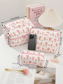 1 pieza Bolsa de maquillaje con diseño de ramo de rosas de oso, gran capacidad con cierre de cremallera, bolsa de cosméticos esencial para viajes y vacaciones para almacenar toallas sanitarias, almohadillas, auriculares con cable, , auriculares, cargador, lápices labiales, cosméticos, perfume, productos de cuidado de la piel y belleza, decoración del hogar, para mamá, mujeres, enfermeras, estudiantes, niñas de escuela, llaves, regalos navideños - Multicolor - Ver 9