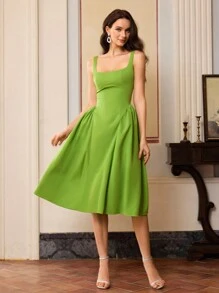 Women's Solid Color Square Neck Sleeveless Elegant Waist Fitted Dress