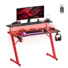 SONGMICS HOME Gaming Desk With LED Lights, Z-Shaped Computer Desk With Monitor Stand, Cup Holder And Headphone Hook, For Home Office, Carbon Black And Ruby Red