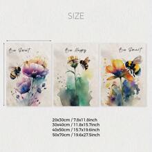 3 Pieces/Set, Watercolor Bee And Flower Canvas Print, Vintage Inspirational Decorative Posters , Botanical And Animals Wall Arts ,High Quality Creative Home Decoration, Creative Ideal Gift, Suitable For Living Room, Dining Room, Office And Bedroom, Unframed Gifts Birthday Graduation