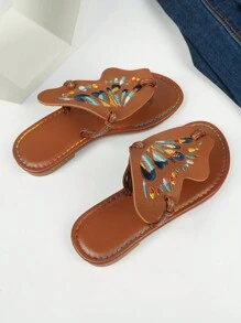 Sandalias de exterior de verano para niñas, nuevo estilo con diseño bordado, chanclas de moda y generosas, zapatos de playa de punta abierta con mariposa y flor - Marrón - Ver 4