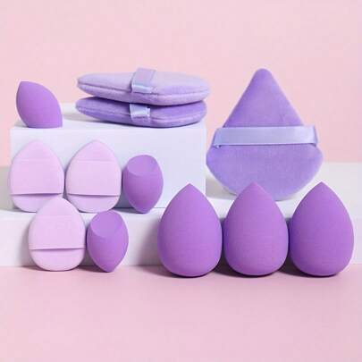 12 Piece Multifunctional Cosmetic Sponge Puff Set, Suitable For Perfect Mixing Of Liquid, Face Cream And Powder, Latex Free, Dry Wet Foundation Make-Up, Contour And Highlight Sponge, With Mini Air Cushion Puff Suitable For All Skin Types