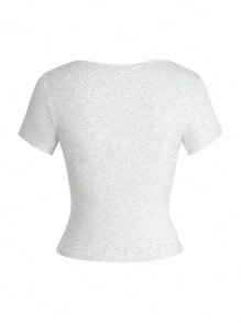 Y2K Style Fitted Solid Color Crew Neck Short Sleeve T-Shirt For Women, Suitable For Back To School, Beach Travel And Casual Wear - Light Grey - View 4