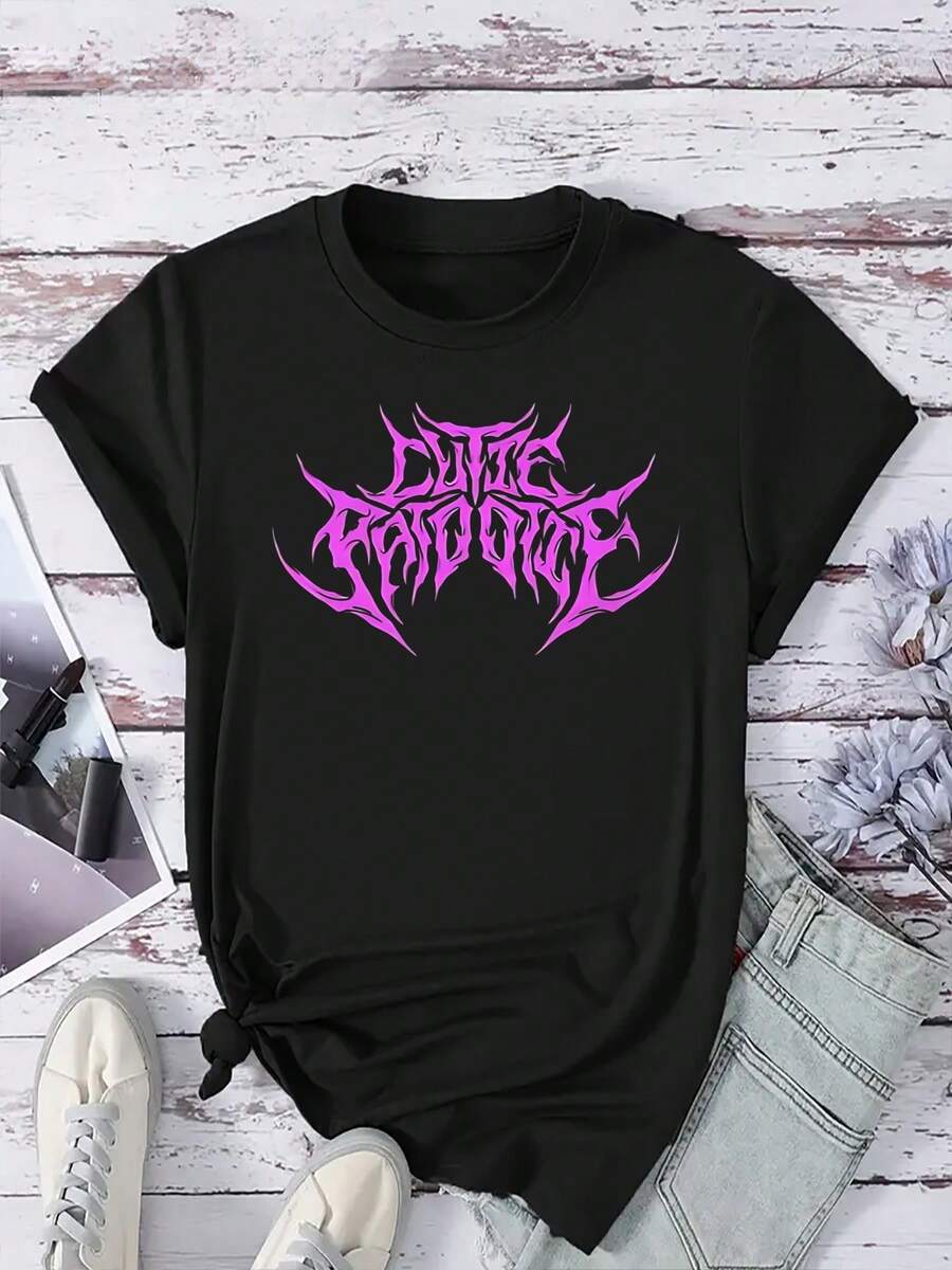 Payeah Women's Round Neck Graphic Printed Cutie Patootie Death Metal 220g Heavy Cotton Tee (1pcs) - 黑色 - 查看 1