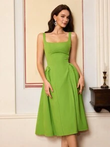 Women's Solid Color Square Neck Sleeveless Elegant Waist Fitted Dress