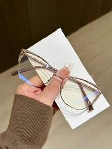1 Stück Damen Metall Katzenaugen Brille mit Strass, einzigartiges Design, funkelnde Ästhetik, blaulichtfilternd - Transparent - Übersicht 4