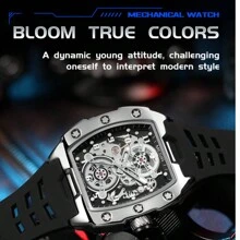 Megir Mechanical Watch, Square Face, Large Dial, Luminescent Hands, Multifunctional, Waterproof, Men's Fashionable Gift - Đen và trắng - Xem 4