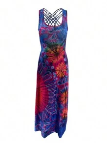 Women Summer Casual Long Dress Tie-Dye Print U-Neck Sleeveless Dress Fashion Cross Backless Dress - Màu xanh hải quân - Xem 4