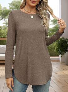 Women's Solid Color Crew Neck Shirt With Side Split Long Sleeve Casual Basic Top - Coffee Brown - View 1
