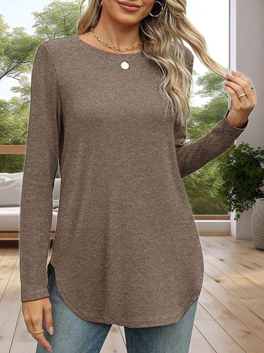 Women's Solid Color Crew Neck Shirt With Side Split Long Sleeve Casual Basic Top - Coffee Brown - View 1