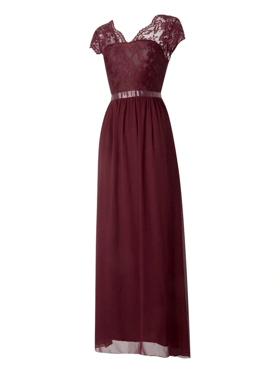 Women's Long Evening Dress, Solid Color Lace Patchwork Backless V Neck Elegant Dress, Simple One-Piece Clothes - Màu Đỏ Sâu - Xem 1