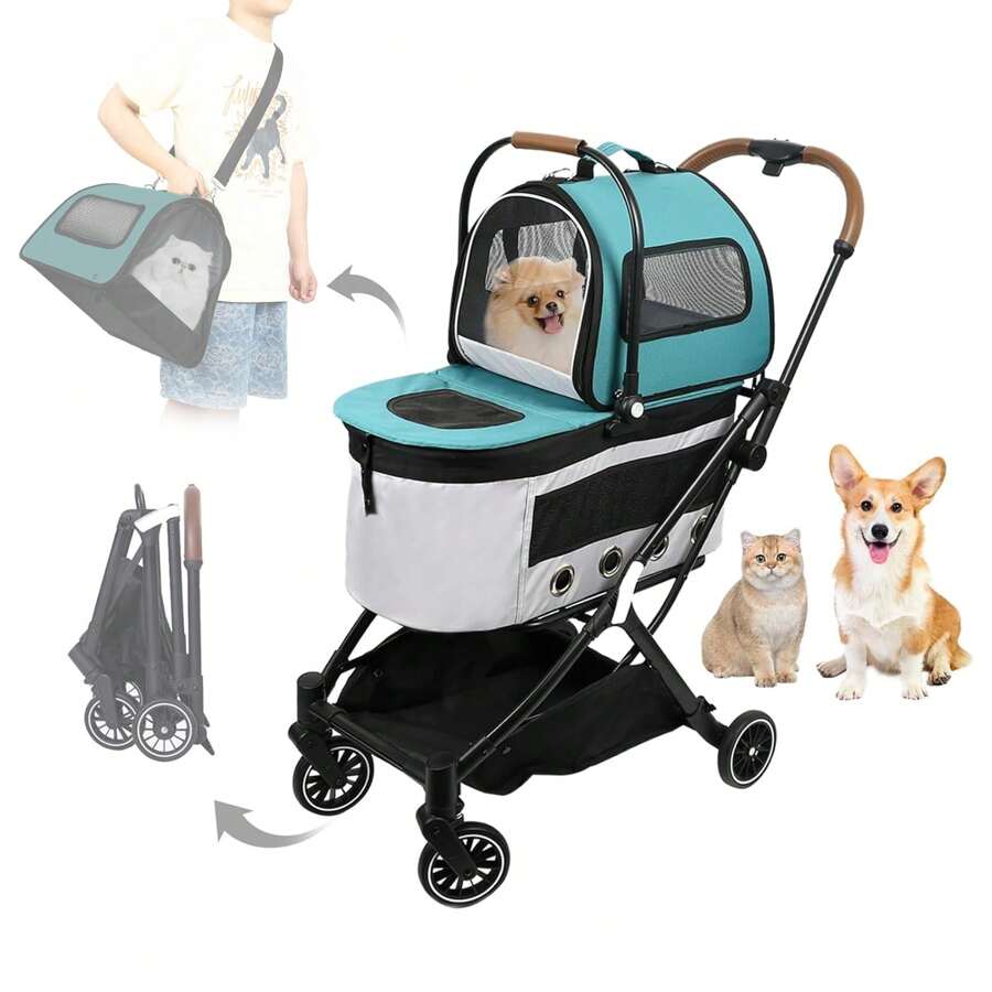 FXLTSBL 3 In 1 Cat Stroller, Foldable Pet Stroller With 2 Detachable Carrying Bags For 2 Cats With Brake And Storage Basket For Small Cats And Dogs - Green - View 1