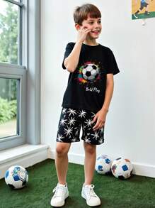 2pcs/Set Boy Sports Outfit Summer, Short Sleeve T-Shirt With Football & English Print, Black Top + Shorts, Suit For Outdoor Sports - Black - View 4