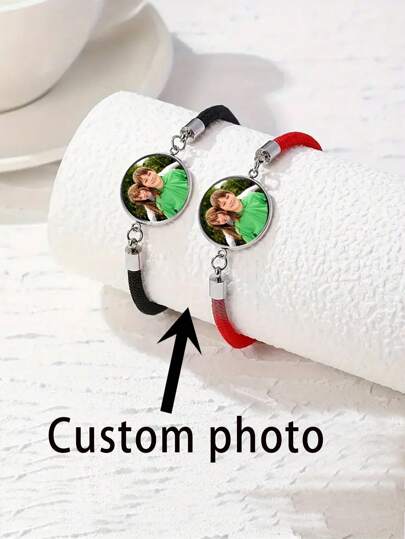 Set de 2 pulseras de amistad personalizadas con foto para mejores amigos, pulseras de amistad rojas y negras adecuadas para miembros de la familia, hermanos, parejas, como regalo