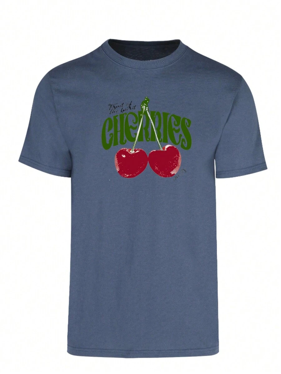Cherry & Letter Graphic Tee - Navy Blue - View 1
