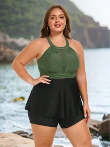 Graduation Women's Plus Size Tankini Swimsuits: Two Piece Bathing Suits Tank Tops With Boy Shorts Flowy Swimwear For Curvy Women - Army Green - View 1