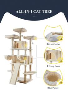Allewie 68 Inches Multi-Level Cat Tree House With Condo, Sisal Scratching Posts, Cozy Plush Cat Perches, Hammocks, And Play Balls - Smokey Grey, Light Grey, Pink, Leopard Print – Large Cat Tower Activity Center For Indoor Cats And Kittens - Árbol Para Gatos Grandes Con Casa, Rascadores De Sisal, Perchas Acolchadas, Hamacas Y Juguetes Para Gatos De Interior * Bed Frame Queen Queen Bed Frame Bed Frame Full Full Size Bed Frame King Size Bed Frame Twin Bed Frame Room Decor Home Decor Christmas Decor Bedroom Decor Valentine Day Decor Storage Living Room Decor Furniture House Decor - 米色 - 查看 5
