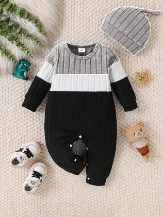 Baby Boy Colorblock Long Sleeve Fleece Jumpsuit + Hat