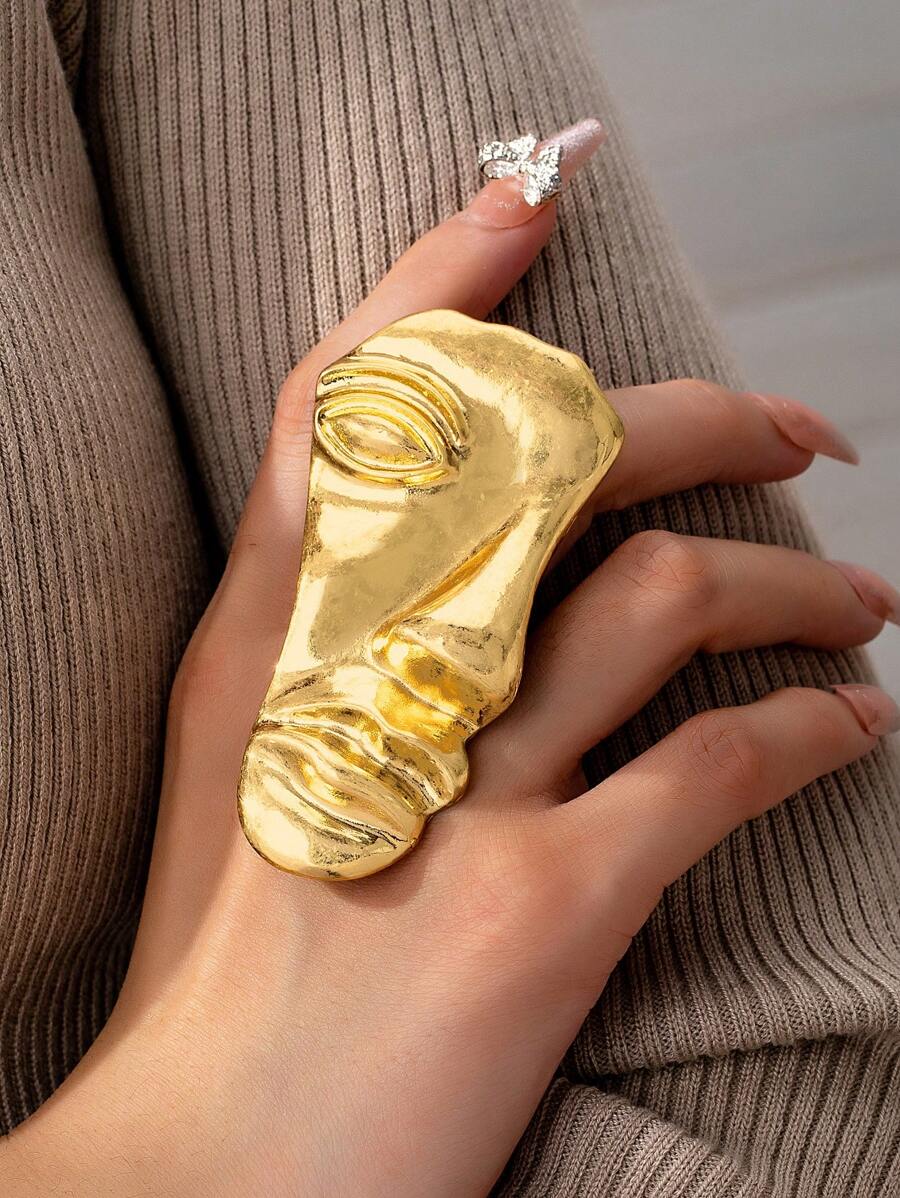 1 Chiếc Nhẫn Mặt Nạ Điêu Khắc Màu Vàng Hình Khuôn Mặt Cho Phụ Nữ Tượng Khuôn Mặt Trừu Tượng Nhẫn Chunky Trang Sức - Vàng - Xem 1