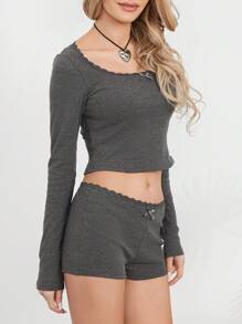 Womens Two Piece Pajamas Long Sleeve Lace Trim Crop Tops And Shorts Set Loungewear - Dark Grey - View 7