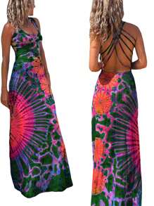 Women Summer Casual Long Dress Tie-Dye Print U-Neck Sleeveless Dress Fashion Cross Backless Dress - Green - View 5
