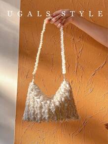 情人节椭圆形钩针花包女士晚宴手拿包新娘婚礼钱包派对舞会手工编织串珠仿珍珠半月形手提包﻿ - 杏色 - 查看 5