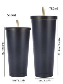 1 件黑色不锈钢保温杯带吸管，大容量真空咖啡杯，方便携带，礼品水瓶 - 黑色 - 查看 5
