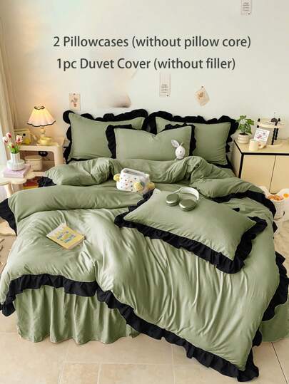 荷叶边柔软舒适女孩风格床上用品套装 3 件套，适用于卧室和客房
