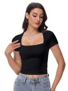 KAHULE Summer Basic Tees  Women Square Neck Crop Top Short Sleeve T Shirts Slim Fitted  Tops  Cute