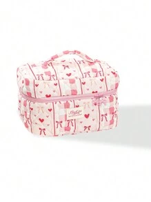 1pc Pink Heart-Shaped Bow Quilted Makeup Bag. Valentine's Day, Love/Lover, Heart, XoX0/Kiss Teddy Bear Travel Cosmetic Bag, Multi-Function Cosmetic Bag Bathroom Wash Bag, Jewelry Storage Bag, Perfume Skin Care Storage Bag, Brush Bag, Sanitary Napkin Bag, Headset Bag, Coin Purse, Glasses Bag, Suitable For Family, Travel, School And Work. Suitable For Women And Students. Holiday Gift, Birthday Gift, Christmas Gift, Mom's Gift, Commemorative Love - Baby Pink - View 15