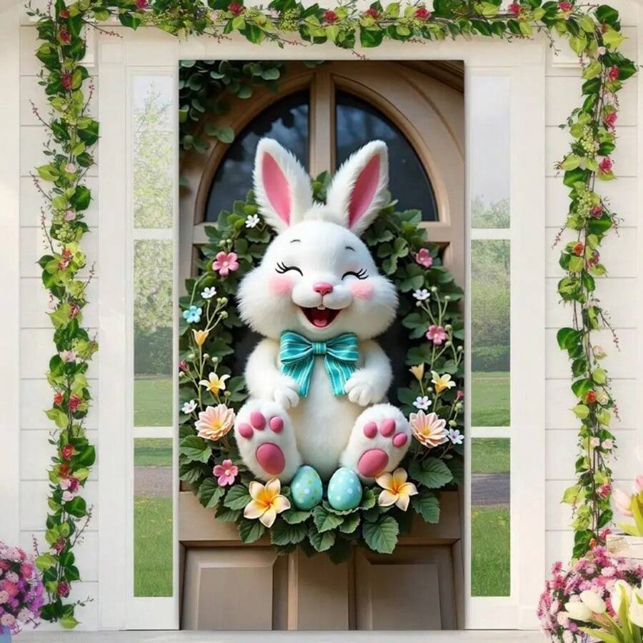 Cenefa de puerta de Pascua - Estandarte colgante de seda, apto para decoración de fiestas interiores y exteriores, guirnalda universal para fiestas, con lazo azul, decoración multiusos para habitación y jardín, sin necesidad de electricidad - Verde militar - Ver 1