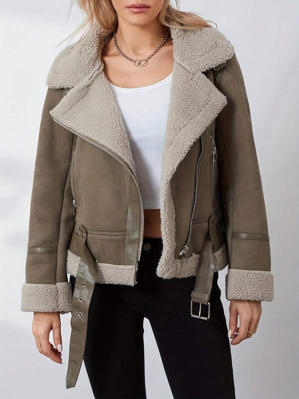 Womens Faux Suede Jacket Lapel Zipper Fur Lamb Wool Long Sleeve Outwear With Belt For Winter