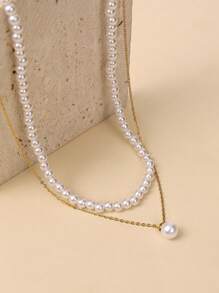 Shescity 2 Pieces Women's Fashionable And Exquisite Faux Pearl Necklace Set Suitable For Festivals,Parties,Girlfriend Gifts Or Women's Daily Banquet Wear - Gold - View 5