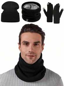 1 Set Winter Knit Hat, Neck Warmer Scarf And Touch Screen Gloves, Solid Color Unisex Outdoor - Warm Touch Screen Gloves, Thick Cycling, Outdoor Essential Set